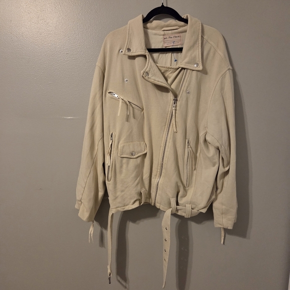 We the Free Women's Boho Grunge Oversized Casual Tan Rebel Knit Moto Jacket Sz L - Picture 3 of 8